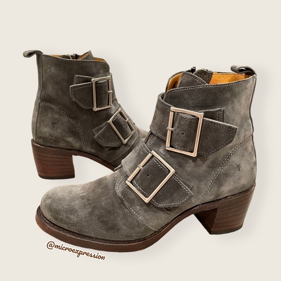 $399 Frye Sabrina Double Buckle Academia Grey Suede Leather Block Heel AnkleBoot - Picture 10 of 16